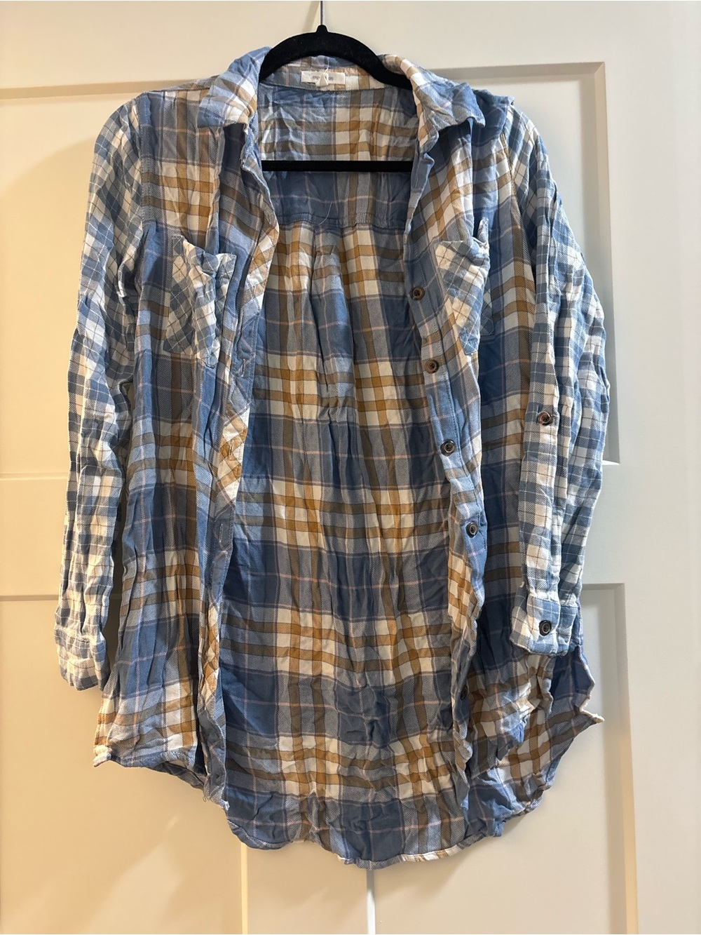 Maurices Blue, Tan and White Plaid Button-Down Shirt
